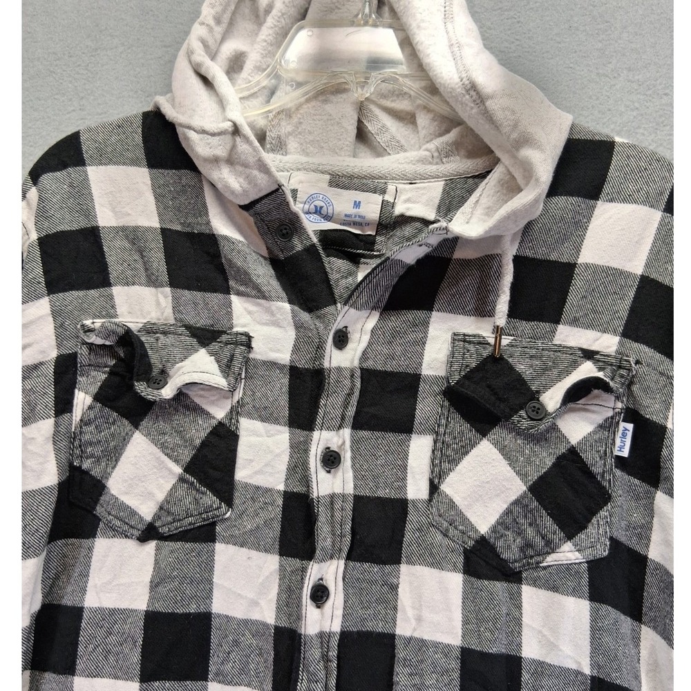 Hurley Plaid Button-Up Hoodie‎ Sweater Men's M Long Sleeve Black/ Gray